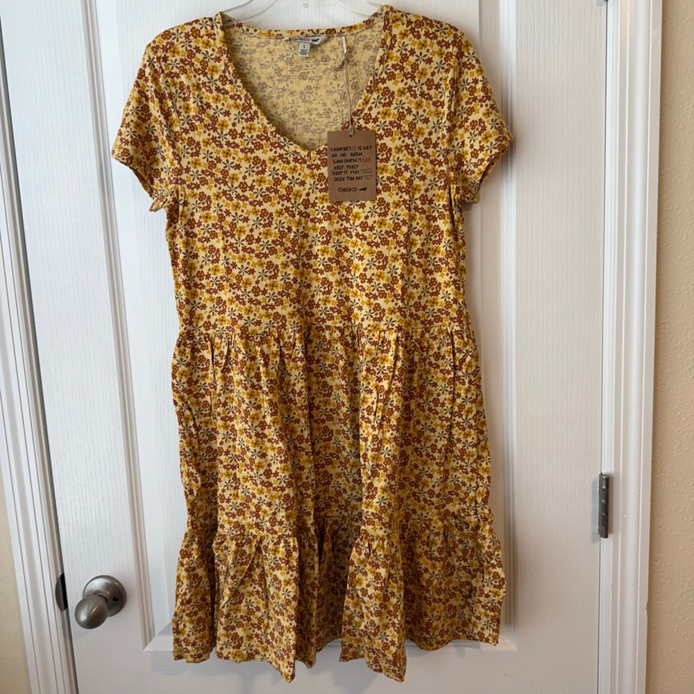 Women's TOAD&CO Gold Brown Floral Tiered Short Sleeve Dress Size S